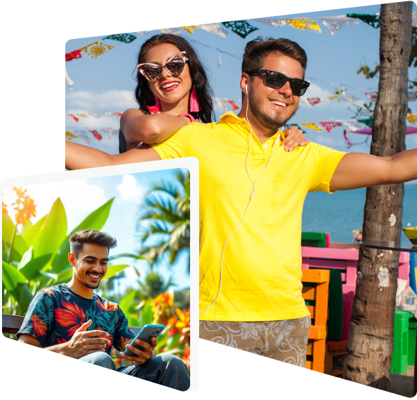 A couple enjoying on vacation, and a young guy smiling at his phone.