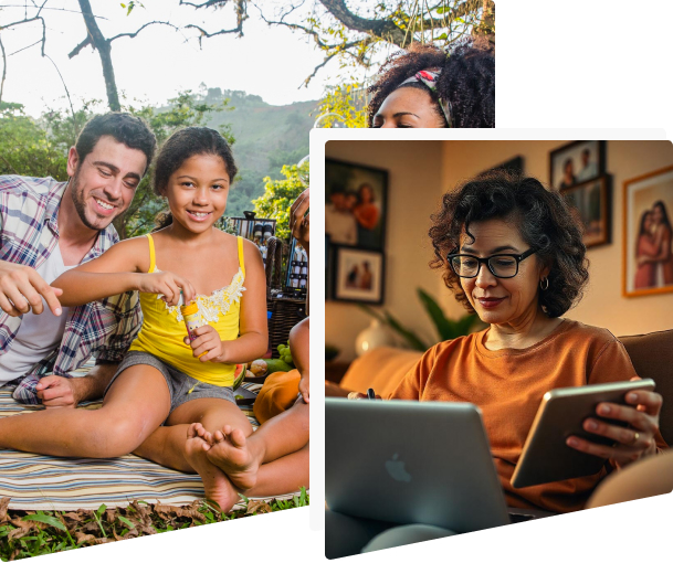A woman smiling with a laptop and tablet. A family having a picnic in Costa Rica's woods.