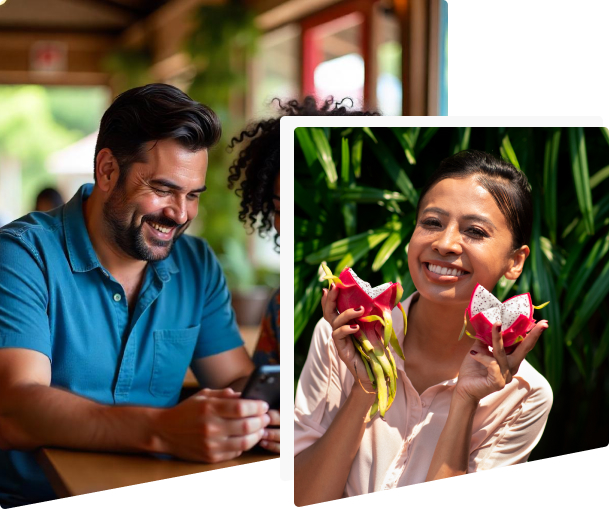 Colleagues having good times, and a happy woman holding dragon fruits.